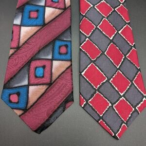 Bachrach Tie Lot of 2 Mens 100% Silk Geometric Diamond Pattern Dress Italy USA